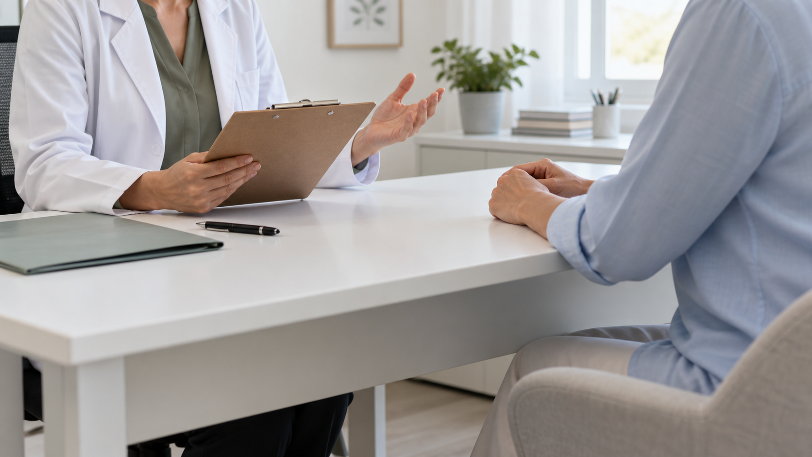 Médica e paciente em consulta reumatológica, sem rostos visíveis